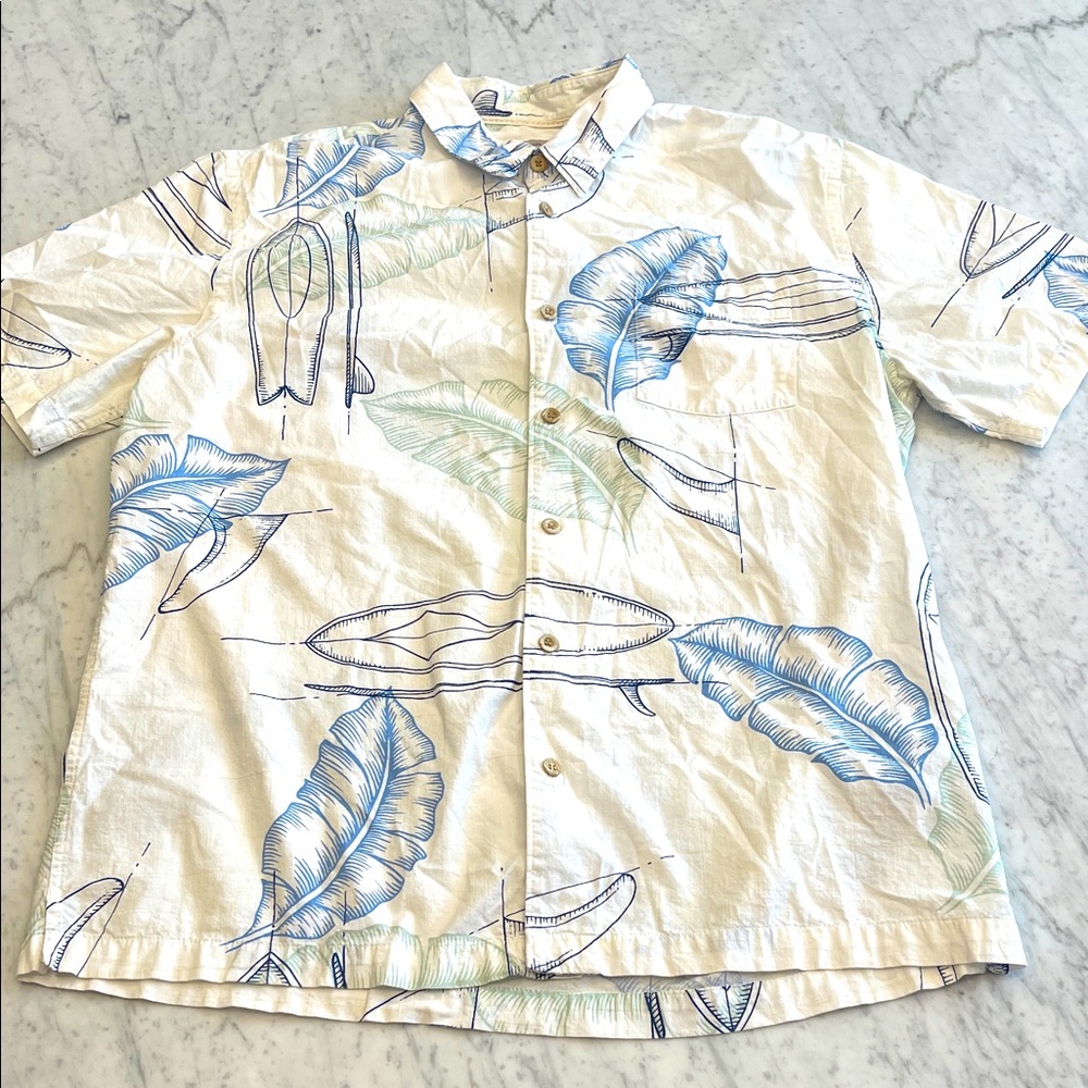 Quiksilver Cream and Blue Tropical Print Shirt